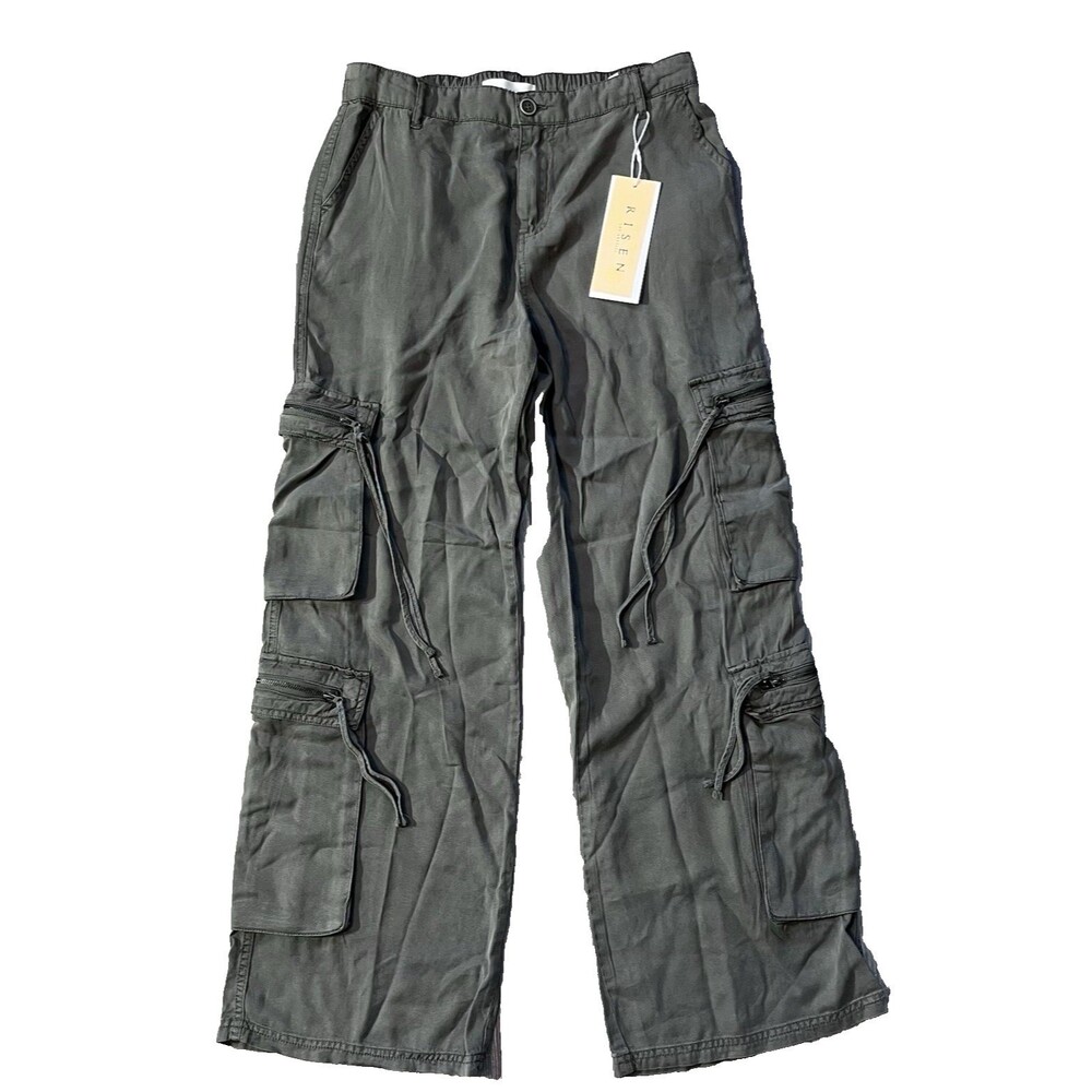 NWT Risen  Cargo Pants Size Medium High Rise Wide Barrel Leg Tencel  Olive Green